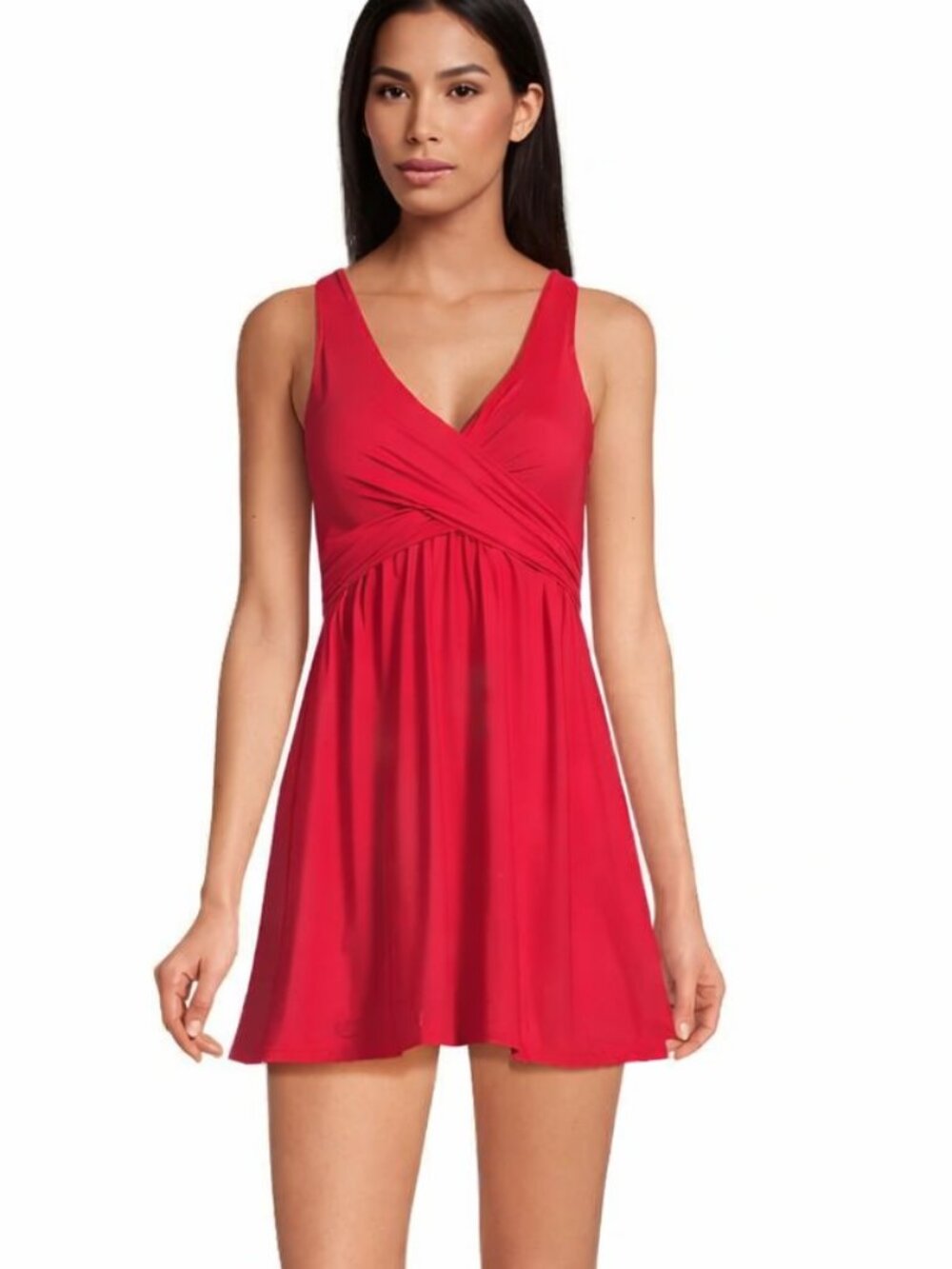 Women’s M LANDS END Red Slendersuit Wrap Swim Dress Swimsuit V-Neck UPF50 10